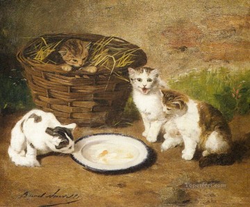 Les chatons d’un bol de lait Alfred Brunel de Neuville Peinture à l'huile